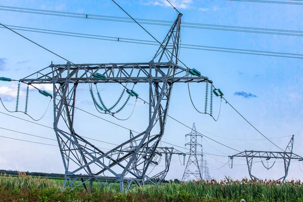Netwerk elektriciteitsmasten in de natuur. — Stockfoto
