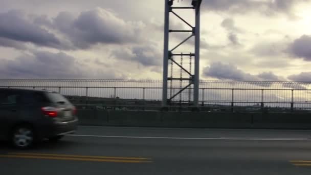 Traveling shots driving over bridge cloudy skies — Stock Video
