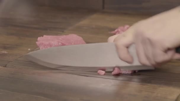 Matlagning. Tärning av rått kött med kniv — Stockvideo