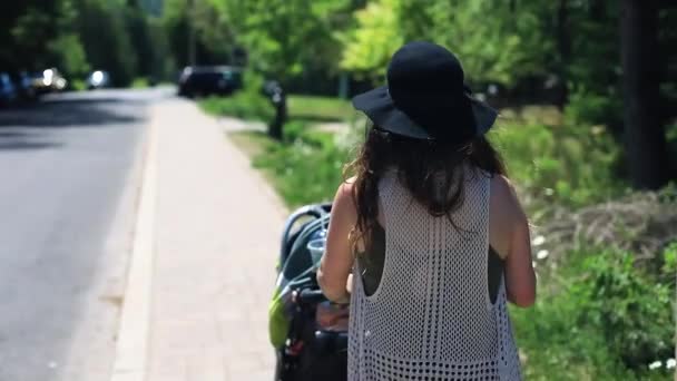 Nieuwe moeder met kinderwagen in de zomer — Stockvideo