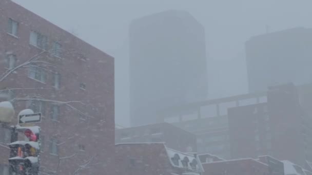 Wintersneeuwstorm in de stad centrum — Stockvideo