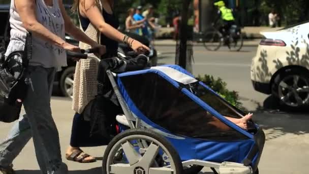 Două femei cu cărucior mergând în protest — Videoclip de stoc