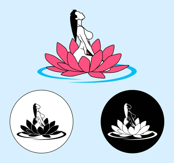 Sağlık merkezi için logo tasarımı, kaplıca, güzellik çiftliği, yoga merkezi. Logo, suyun yüzeyindeki nilüfer çiçeğinin içindeki çıplak bir kadını temsil ediyor. Logo da monokromatik ve negatif versiyonlarda önerilir..