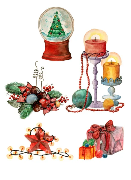 Vrolijke Kerstmis Gelukkig Nieuwjaar Aquarel Illustratie Geïsoleerde Kerst Elementen Witte — Stockfoto
