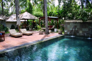 2009.10.11, Ubud, Bali. Şezlong ve şemsiyeler yüzme havuzu ve palmiye ağaçları etrafında yakın. Endonezya'nın deniz manzarası.