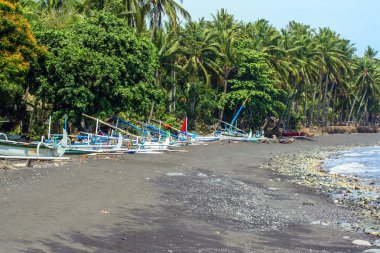 Deniz kenarı Bali balıkçı tekneleri. Endonezya'nın peyzaj. Asya seyahat.