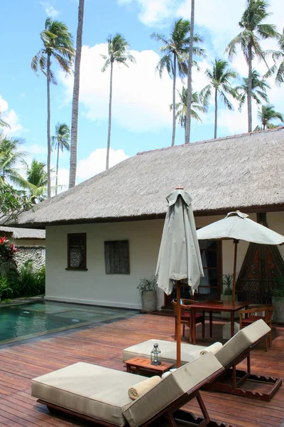 2009.10.11, Ubud, Bali. Şezlong ve şemsiyeler yüzme havuzu ve palmiye ağaçları etrafında yakın. Endonezya'nın deniz manzarası.