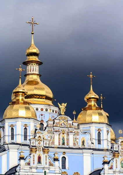 Religious architecture of Ukraine. Church with golden domes in Kiev.