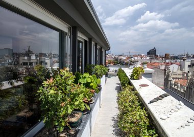 2017.05.31, Madrid, İspanya. İspanya mimarisi. Madrid mimarisi. Balkonda çiçek.