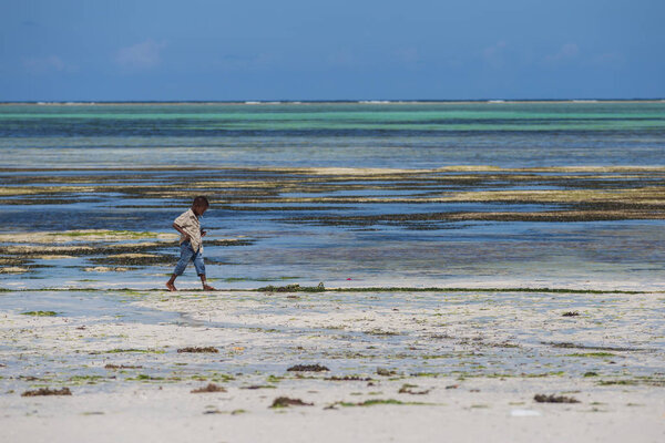 2018.02.21, Kiwengwa, Tanzania. Travel around Tanzania. A little boy on the coast on background of blue sky and ocean.