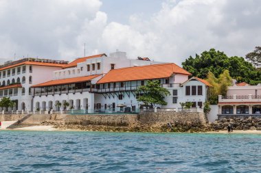 2018.02.24, Stone Town, Zanzibar, Tanzanya. Afrika çevresinde seyahat. Yelkenli gemi ufuk çizgisi arka plan üzerinde.