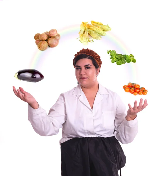 Curvy Šéfkuchař Dívka Připravuje Vegan Jídlo — Stock fotografie