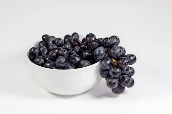 Black Grapes Deep White Bowl White Tale Waiting Eaten — Stock Photo, Image