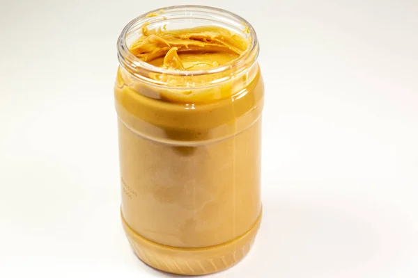 Jar Organic Peanut Butter Sitting Kitchen Table Waiting Eaten — Stock Photo, Image