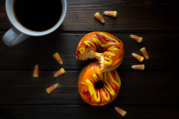 Halloween Autumn Colored Tasty Colorful Donuts Served Breakfast Kitchen Table — Stock Photo, Image