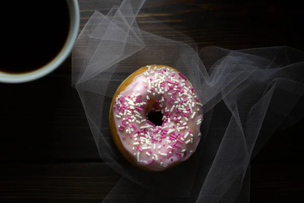 Pink Donuts Served Breakfast Piping Hot Coffee — Stock Photo, Image