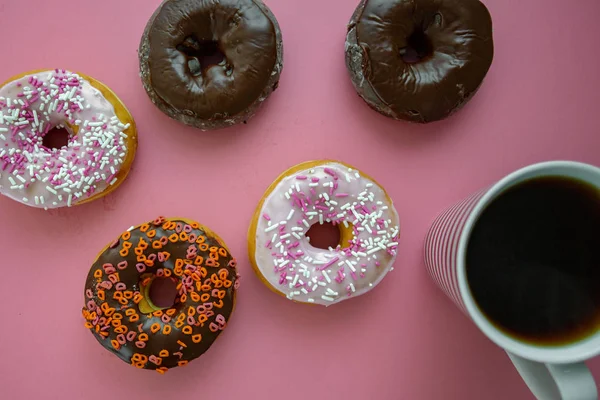 Colorful Donuts Pink Table Being Served Breakfast Piping Hot Coffee — Stock Photo, Image