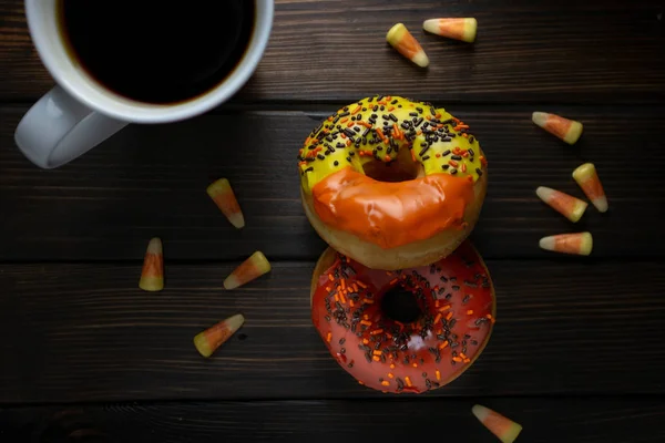 Halloween Autumn Colored Tasty Colorful Donuts Served Breakfast Kitchen Table — Stock Photo, Image