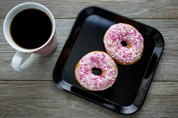 Pink Donuts Served Breakfast Piping Hot Coffee — Stock Photo, Image