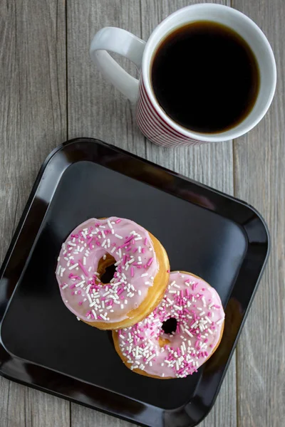 Pink Donuts Served Breakfast Piping Hot Coffee — Stock Photo, Image