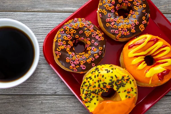 Halloween Autumn Colored Tasty Colorful Donuts Served Breakfast Kitchen Table — Stock Photo, Image