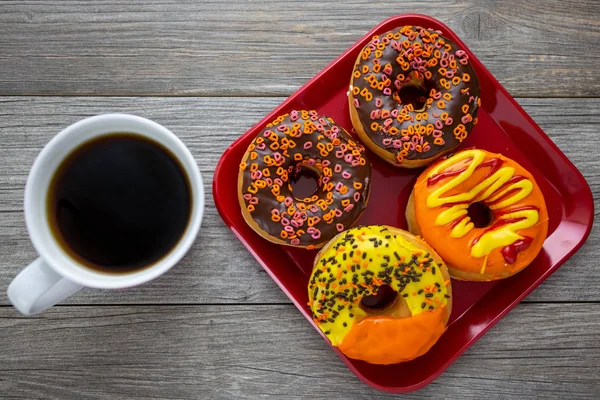 Halloween Autumn Colored Tasty Colorful Donuts Served Breakfast Kitchen Table — Stock Photo, Image