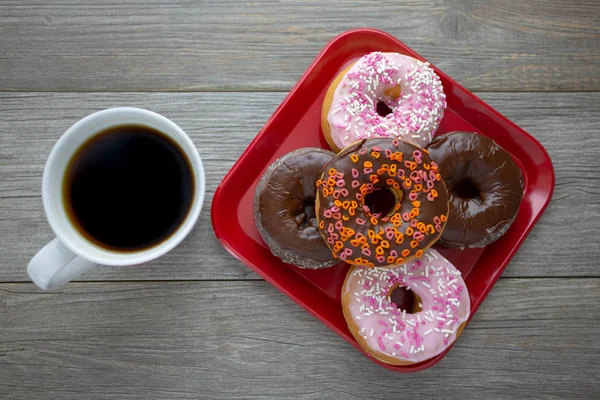 Stack Multi Colored Donuts Being Served Breakfast Piping Hot Coffee — Stock Photo, Image