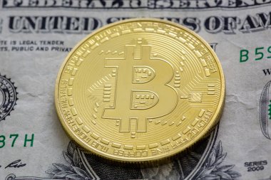Bitcoins yığın üstüne siyah bir tabloda bir dolarlık banknot.