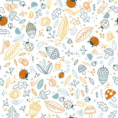 Şirin orman öğeleri vektör seamless modeli. Yazdırılabilir ve kağıt, duvar kağıdı, tekstil, kumaş sarma olarak kullanılan, vb.