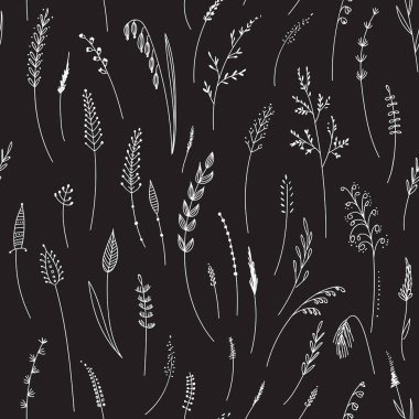 Otlar, bitkiler, çiçekler ve yapraklar, tahıllar, çim, vektör seamless modeli. Yazdırılabilir ve kağıt, duvar kağıdı, tekstil, kumaş sarma olarak kullanılan, vb. 