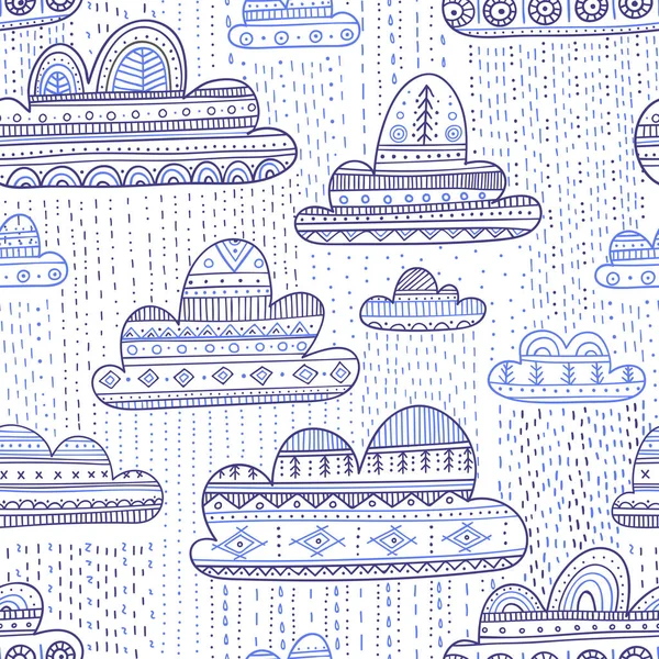 Precioso Patrón Inconsútil Vector Con Nubes Lluviosas Estilo Boho Con — Vector de stock