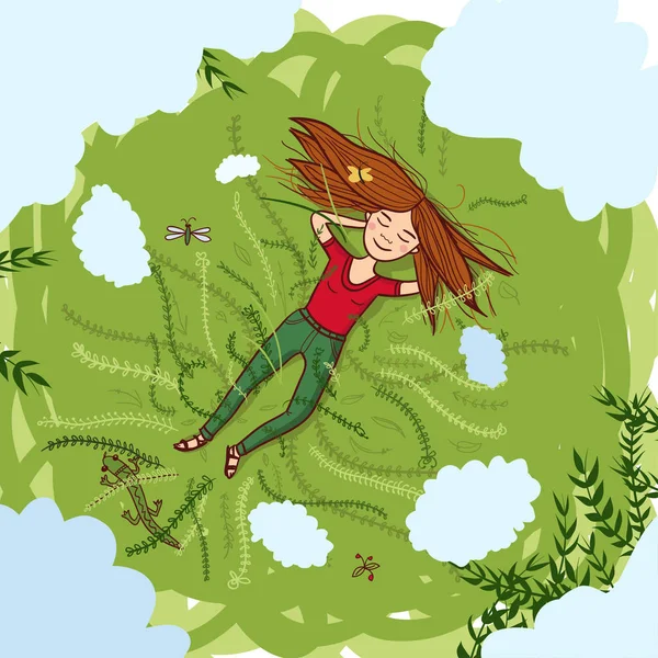 Vektor Mädchen Liegt Auf Gras Sommer Illustration Kann Als Karte — Stockvektor