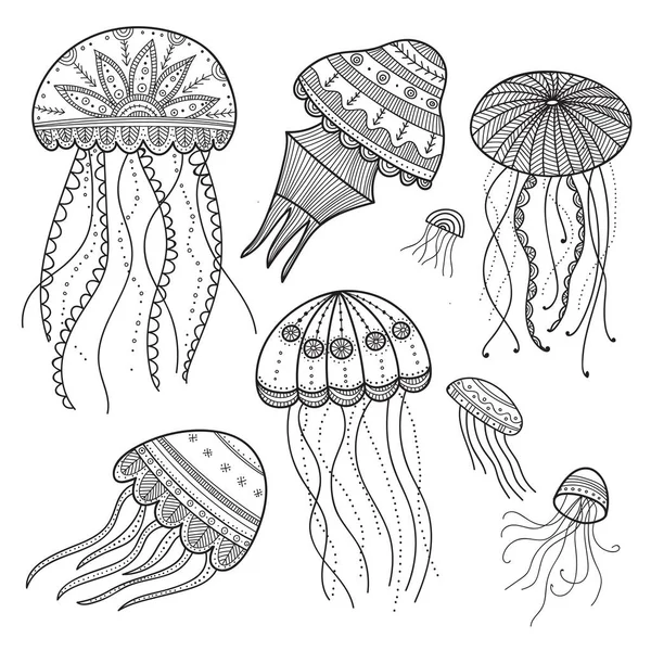 Wektor Zestaw Jellyfishes Stylu Boho Etnicznych Zen Doodle Plącze Się — Wektor stockowy