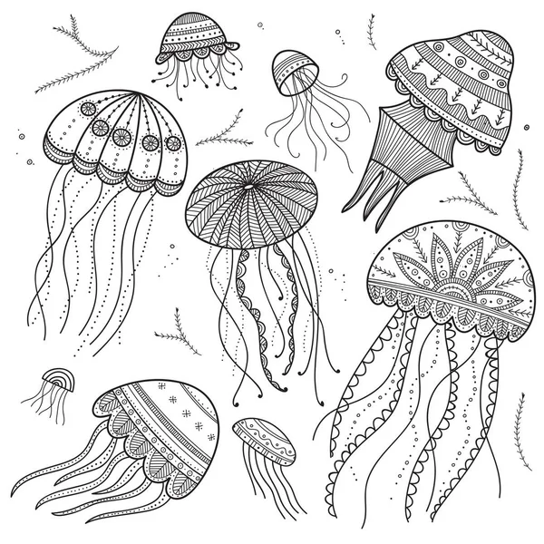 Vector Set Jellyfishes Ethnic Boho Style Zen Doodle Tangle Elements Stock Vector