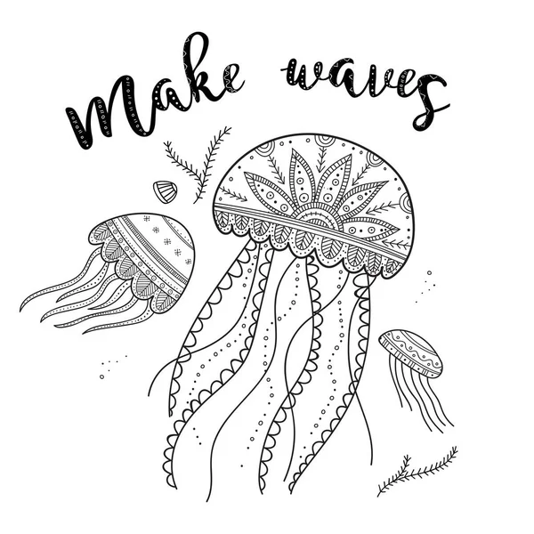 Make Waves Greeting Card Jellyfishes Ethnic Boho Style Can Printed Vector Graphics