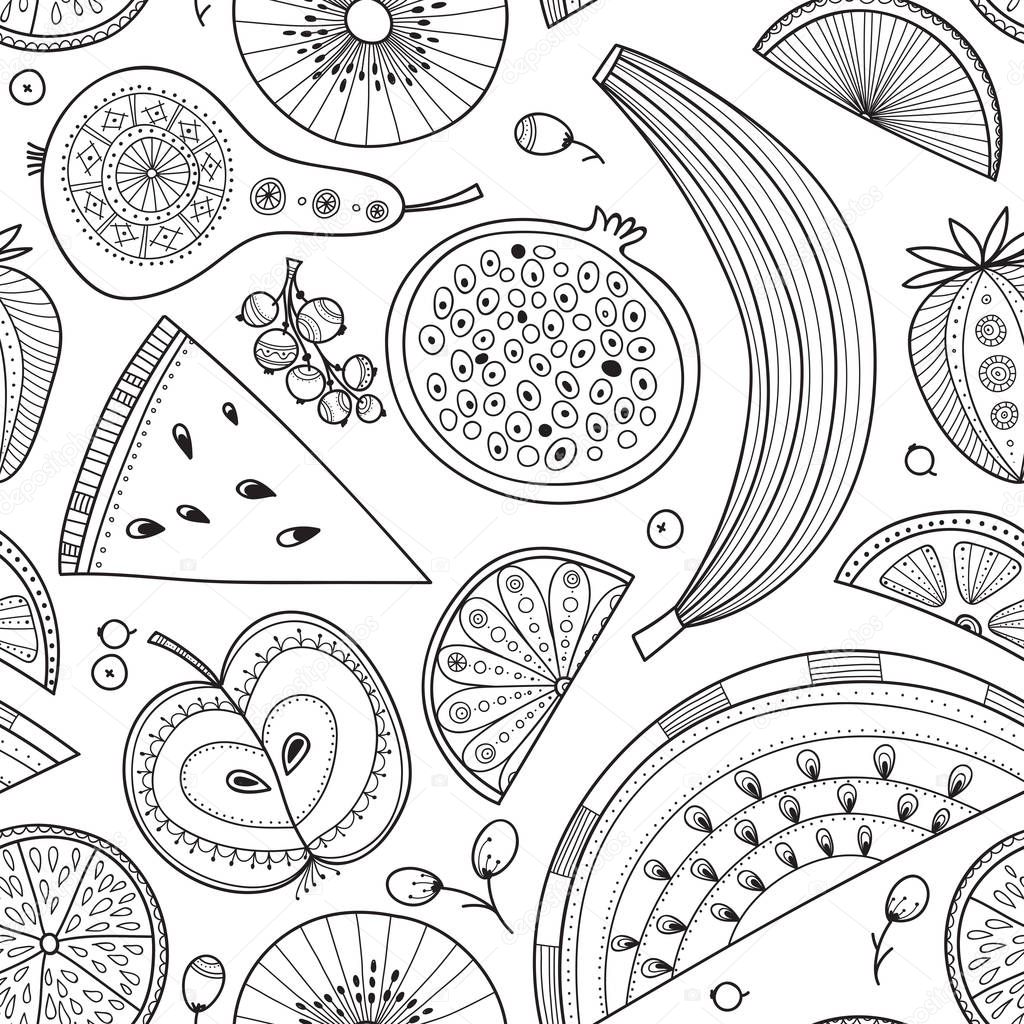 Vector seamless pattern illustration of nutrient-rich fruits in tribal, zen doodle boho style. Can be printed and used as raw, vegan and vegetarian design element, wrapping paper, wallpaper, textile, fabric, etc.