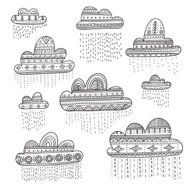 Güzel vektör Boho tarzı süsleme ile yağmurlu bulutlar ile ayarla. Yazdırılabilir ve kullanılan tasarım öğesi, şablon, dekor, etiket, kart, afiş, vb.