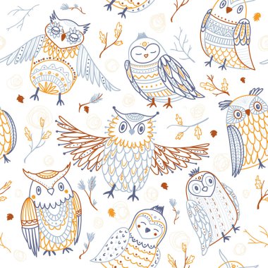 Sevimli baykuşlar boho tarzı süsler ile seamless modeli. Yazdırılabilir ve kağıt, duvar kağıdı, tekstil, kumaş sarma olarak kullanılan, vb.