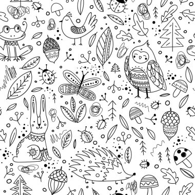 Şirin orman hayvanları ve öğeleri Dikişsiz desen vektör. Yazdırılabilir ve kağıt, duvar kağıdı, tekstil, kumaş sarma olarak kullanılan, vb.