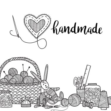 Vektör kartı iğne işi tema yazı ve dikiş araçları. Yazdırılabilir ve kullanılan afiş, kartı, tasarlamak, etiket, davetiye, tasarım şablonu, etiket, boyama sayfası