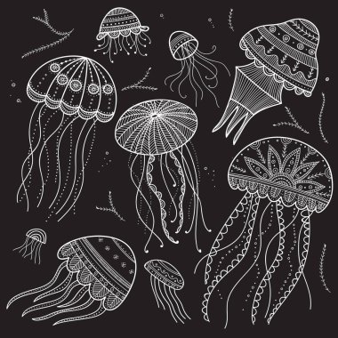 Doodle ve öğeleri arapsaçı jellyfishes zen ile etnik boho tarzında vektör kümesi. Tasarım öğesi şablonu, vb kullanılabilir.