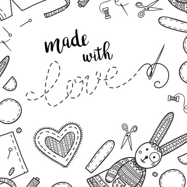 Vektör kartı iğne işi tema yazı ve dikiş araçları. Yazdırılabilir ve kullanılan afiş, kartı, tasarlamak, etiket, davetiye, tasarım şablonu, etiket, boyama sayfası