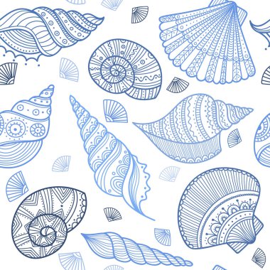 Vektör süsleri ile etnik boho tarzında kabukları ile seamless modeli. Yazdırılabilir ve kağıt, duvar kağıdı, tekstil, kumaş sarma olarak kullanılan, vb.
