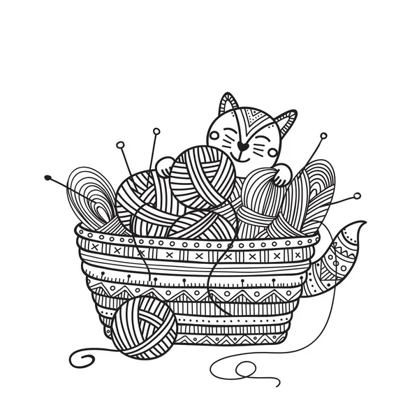 Vektor Illustration Der Niedlichen Katze Mit Strickkorb Aus Garnknäuel Kann — Stockvektor