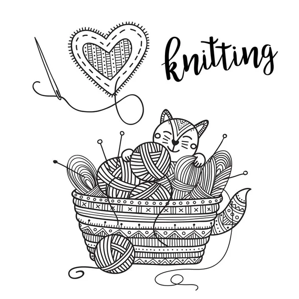 かわいい猫とレタリング テーマ カードを編み物のベクター 印刷することができます テンプレート ラベル ぬりえページ デザイン バナー カード — ストックベクタ