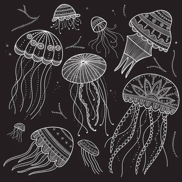 Wektor Zestaw Jellyfishes Stylu Boho Etnicznych Zen Doodle Plącze Się — Wektor stockowy
