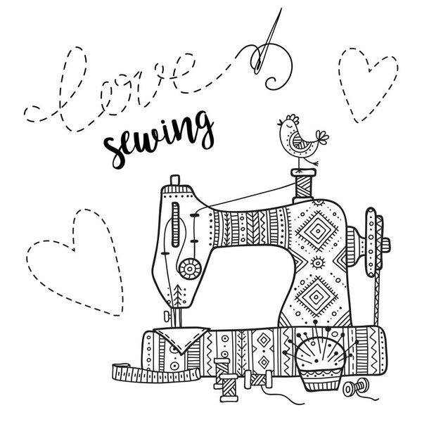 Векторная карта с швейной машинкой и надписью. Можно напечатать и использовать как баннер, открытку, открытку, стикер, приглашение, дизайн, этикетку, раскраску.
