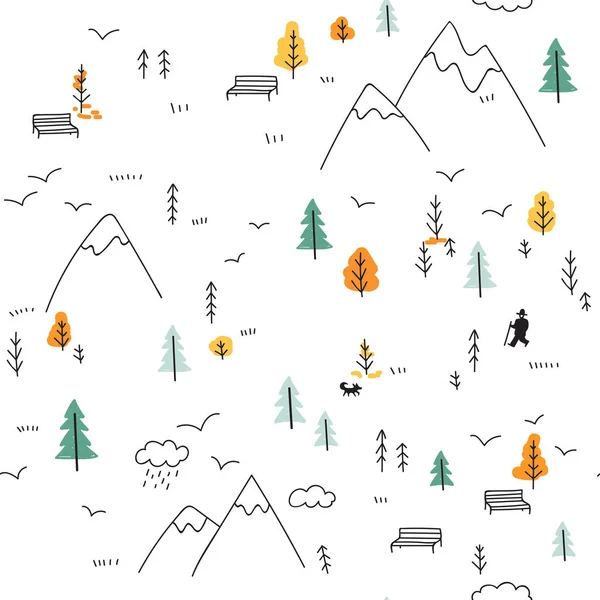 Vektor Minimální Bezešvé Pattern Divoký Lesní Život Horách Muž Psem — Stockový vektor
