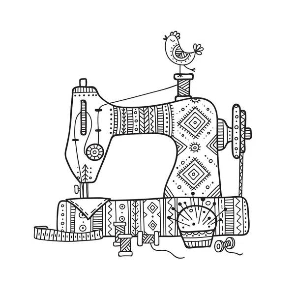 Dikiş Makinesi Boho Tarzı Ile Süs Vektör Illustration Bir Etiket — Stok Vektör
