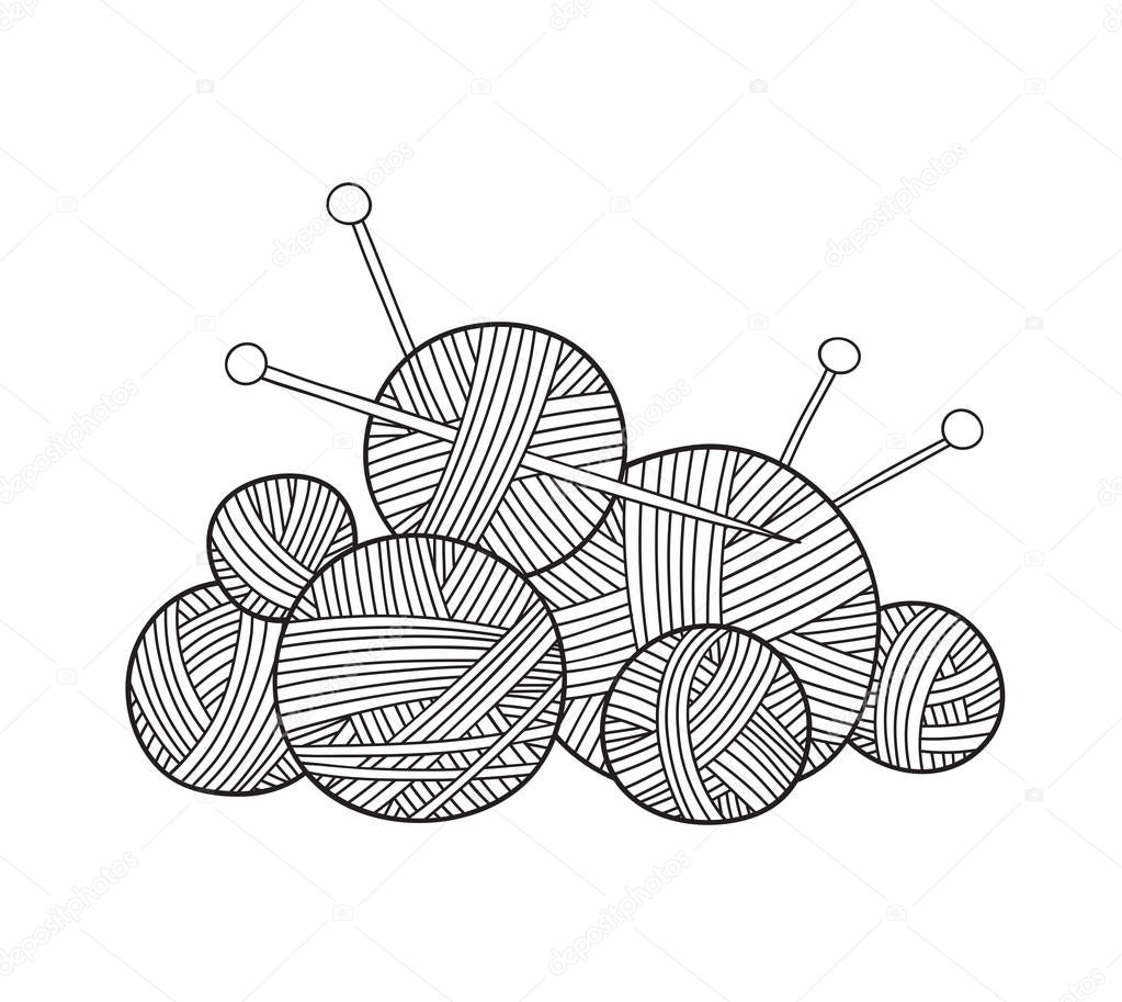 Vector illustration of ball of yarn with knitting needles , Can be used as a sticker, icon, logo, design template, coloring